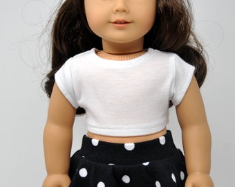 Black and White Polka Dot Skater Skirt and White Short Sleeve Crop Top 18 inch Doll Clothes
