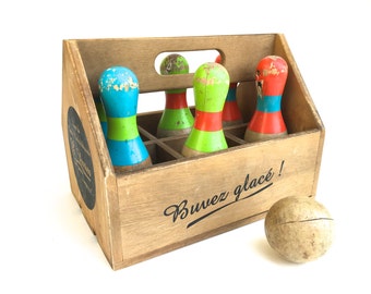 Vintage French Toy Bowling Set~ Old wooden bowling pins and ball in wooden crate~ Nursery decor