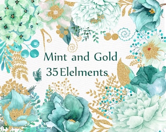 Gold Mint flowers clipart: "WATERCOLOR FLOWERS" Wedding flowers Gold glitter floral Teal flowers Turquoise Flowers DIY wedding Greeting card