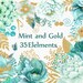Gold Mint flowers clipart: "WATERCOLOR FLOWERS" Wedding flowers Gold glitter floral Teal flowers Turquoise Flowers DIY wedding Greeting card