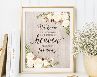 We Know You Would Be Here Today If Heaven Wasn't So Far Away, Rustic Memorial Wedding Sign, In Loving Memory, Printable, W249