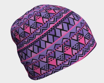 Zig Zag Pattern Design Beanie in Pink Purple and Black