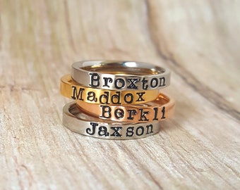 Tri Color Stacking Rings, Name Ring, Stackable Personalized Ring, Mothers Ring, Personalized Mothers Ring, Custom Jewelry, Hand Stamped Ring