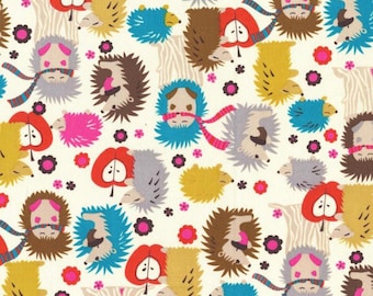 ON SALE Cream Hedgehog Meadow Fabric by Michael Miller