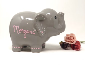 Personalized Elephant Piggy Bank, Hand Painted Piggy Bank for Girls, Baby Shower Gift 1st Birthday Gift for Baby Girl, Baby Girl