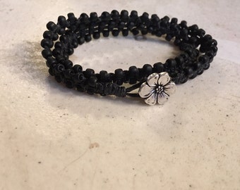 Black Wrap Bracelet - Macrame Jewelry - Black Seed Beads - Waxed Linen Cord - Fashion - Trendy - Beaded - Silver Flower Button