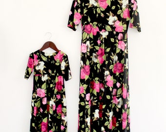 Black floral dress, mommy and me, mother daughter, matching outfits, matching dresses, summer dresses, maxi dresses, floral dresses,matching