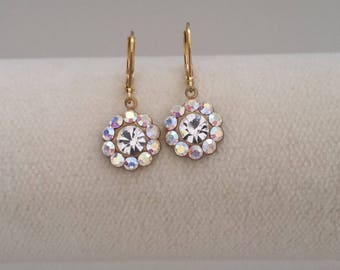 Swaroski Crystal Earrings - AB & Crystal on Antique Brass OR Brass Leverbacks