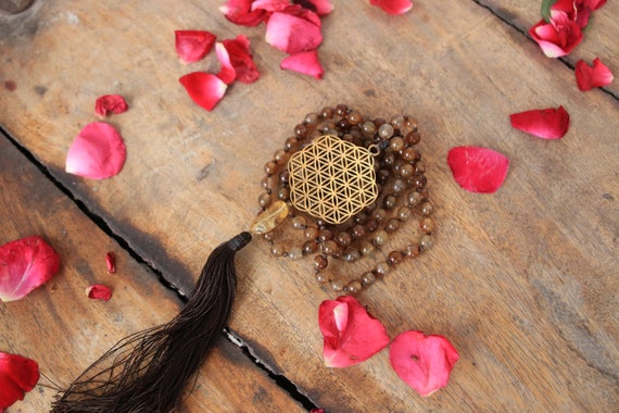 GEMSTONE MALA NECKLACE - Sacred geometry - Flower of life - Crystal necklace - Prayer beads - Mandala - Yoga necklace - Tassel - Spiritual