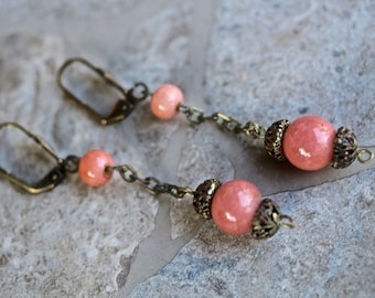 Reclaimed Vintage Earrings, Drop Earrings, Dangle Earrings, Pierced Earrings, Coral, Antique Brass, 1920s, Jennifer Jones,Boho OOAK - Clara