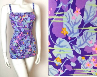 True Vintage 50s 60s Purple Pink Mustard Floral Fitted Swimsuit Pin Up 6-8