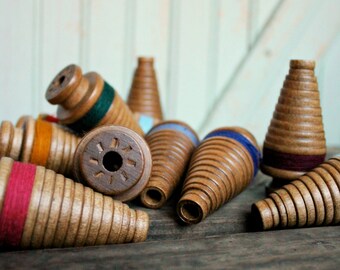 5 Rustic Small Vintage Wooden Textile Mill Spool Set of Five