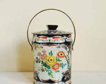 Vintage Tin, Murray Allen Tin Canister, Round Confection Floral Tin, Candy Tin, Mid century 50s England.