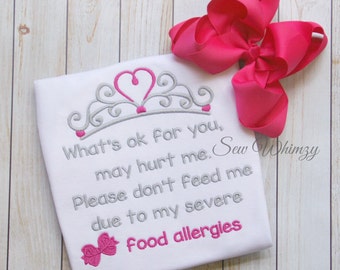 Food allergy shirt- Food allergies shirt- Princess Allergy Shirt- Girl's Allergy shirt- Monogram Shirt- Embroidered Shirt- Nut Allergy shirt