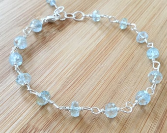 Aquamarine Bracelet, Sterling Silver Bracelet, Wire Wrapped Bracelet, Ice Blue Aquamarine Jewelry, March Birthstone Bracelet