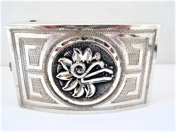 Sterling Belt Buckle, Signed ACE Guadalajara, Hecho in Mexico Enamel Flower, Modernist Design Buckle