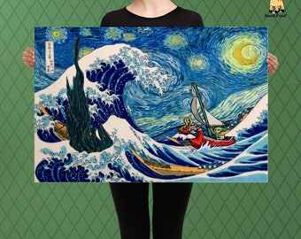 The Legend of Zelda Inspired Parody, The Great Wave Under a Starry Night, Link Meets the Dark Tower, Custom Raised Canvas Art Piece