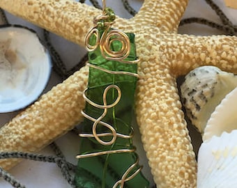 Green Sea Glass Pendant with Gold Wire