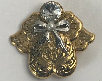 Vintage gold and silver angel pin, guardian angel pin, signed Jane angel pin, rhinestone angel pin, heavenly angel pin, angel brooch, angels