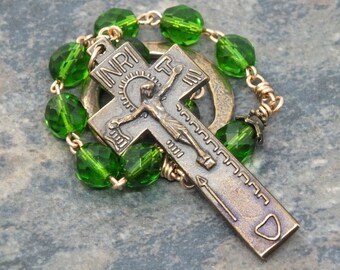 Czech Glass Irish Penal Rosary in Fern Green and Bronze; Irish Penal Chaplet; Tenner Chaplet; 1 Decade Chaplet; Finger Rosary