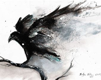 Giclee print on matte canvas - 8x12in or 16x12in A4 A3 - rolled canvas - abstract raven w abstract wings