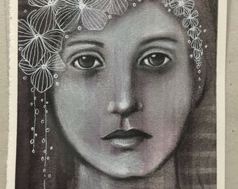 Original mixed media painting ""crown of Flowers"