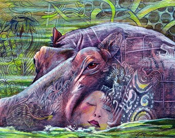 original art drawing color pencil hippo woman face abstract zentangle wall decor 8x10 framed