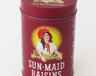 Vintage SUN-MAID RAISINS Tin - Raisin Storage Canister / 1987 made in Taiwan - Mid Century Kitchen Decor