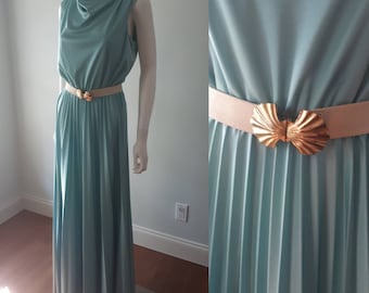 Vintage 1970s Grecian Goddess Seafoam Pleated Maxi Mermaid Dress