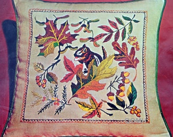 Signs of Autumn Fall Leaves Chipmunk Acorns 16" Crewel Pillow Kit Linen Maple