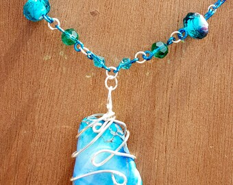 Blue Agate Wire Wrap Silver Necklace