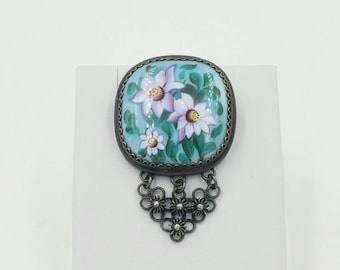 Vintage Russian Finift Enamel Brooch Floral Painted Brooch