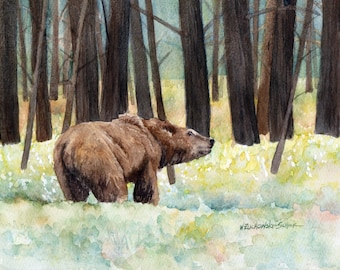 Grizzly Bear in Yellowstone, Original Painting by Wanda"s Watercolors
