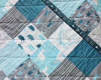 Woodland Baby Boy Quilt Blue Rustic Nursery Gray Baby Bedding Modern Patchwork with Deer Bear Buck Antlers Arrows Wild and Free Homemade