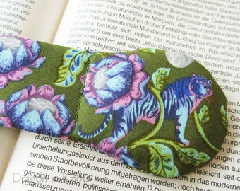 Tiger Book Weight - Olive Green Page Holder, Weighted Bookmark, pink aqua purple lotus flowers, Asian floral cotton book accessory