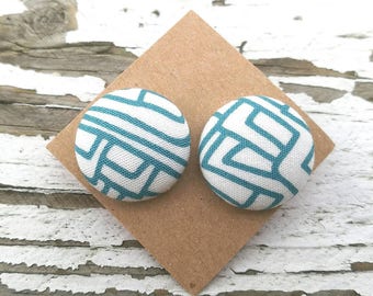 Fabric Button Post Earrings - Blueand White Stripes Abstract - 3/4"