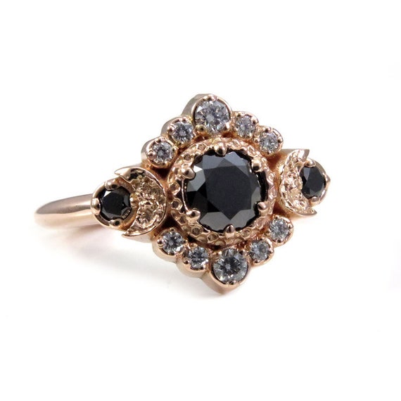 Black and White Diamond Moon Engagement Ring - Rose Gold Celestial Fine Jewelry