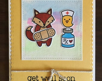 Handmade get well soon card-watercolor background card-cute animal get well card-fox get well card-Get well card