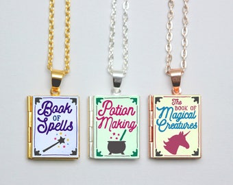 Magical Wizard Book Locket Necklace Charm Literary Jewelry Jewellery Witch Pendant Gift / Book of Spells / Potion Making / Magical Creatures