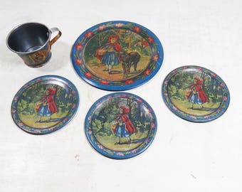 5 Rare Antique Little Red Riding Hood Ohio Art Tin Litho Tea party set 4 plates and 1 cup 1920's Fairy tale