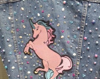 Unicorn patched denim jacket pearls and crystals 2018
