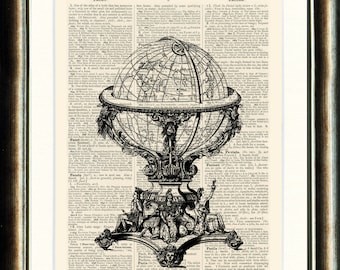 World Globe- Upcycled vintage image printed on a late 1800s Dictionary page Buy 3 get 1 FREE