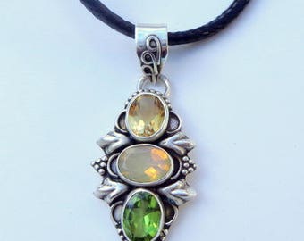 Ethiopian Welo Opal, Peridot, Citrine, Sterling Silver Necklace, Pink, Green,Lavender, Peach Color Play, Natural Gemstone,Collectors Stone