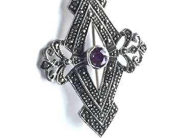 Vintage Marcasite Brooch - Art Deco Sterling Silver - Marcasite Amethyst Brooch Pin