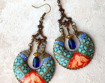 Earrings Chandelier Portugal Antique Azulejo Tile Portuguese Ilhavo - Dove Frescoes - Sintra Palace Chapel - Persian Bohemian Atrio Jewelry