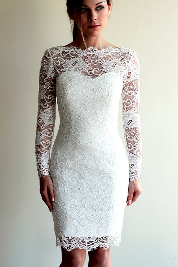 Short Wedding Dress with Sleeves and Illusion Neckline and