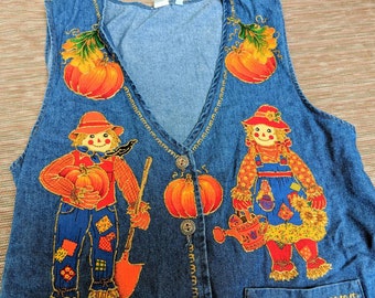 Handmade vintage denim vest w. applique patterns. Scarecrows, pumpkin, autumn/fall leaves, harvest corn. Texas Halloween & Thanksgiving