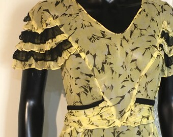 Original 1930s Printed Floral Chiffon Ruffles Dress