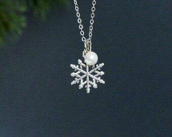 Snowflake Necklace White Pearl Snowflake Pendant Silver Snowflake Jewelry Winter Necklace Christmas Necklace Delicate Charm Necklace Snow