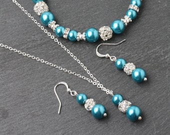 Teal wedding jewelry set, teal earrings and necklace set, teal wedding jewelry, teal bridesmaid gift, teal pearl jewelry, something blue